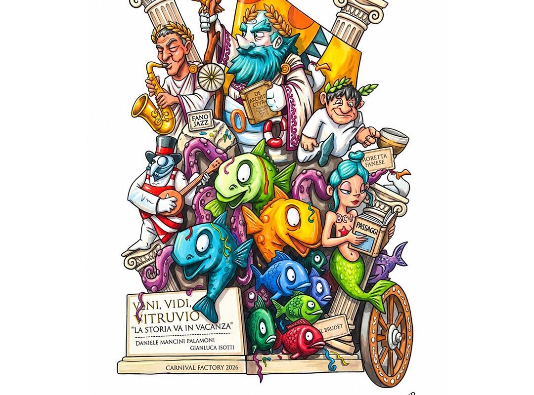 Bozzetto del carro allegorico "Veni, vidi, Vitruvio – La storia va in vacanza" di Carnival Factory – Carnevale di Fano 2027